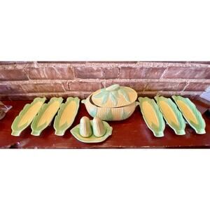 Vintage 1970s Corn Set with Tureen, Six Corn Plates, Salt & Pepper Shakers